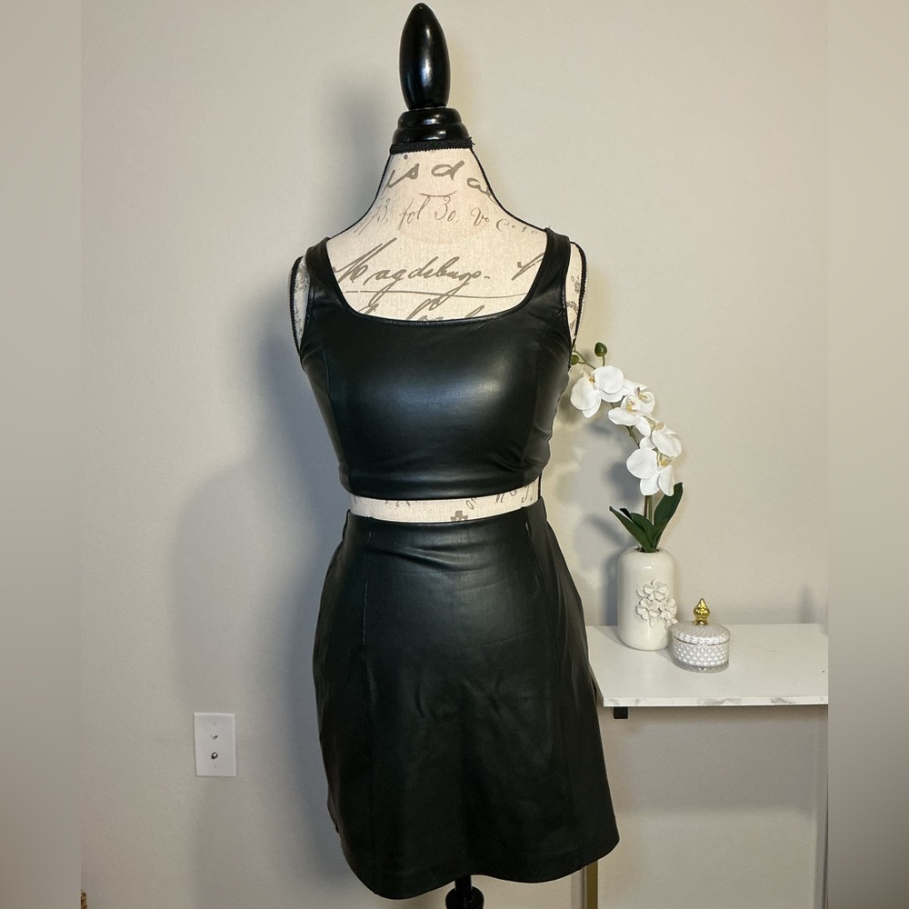 Black Faux Leather Crop Top and Skirt Set